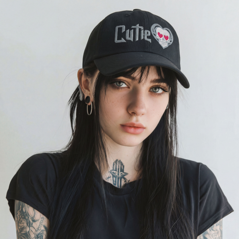 Woman wearing black Cutie skull heart embroidery dad hat Punky Secrets