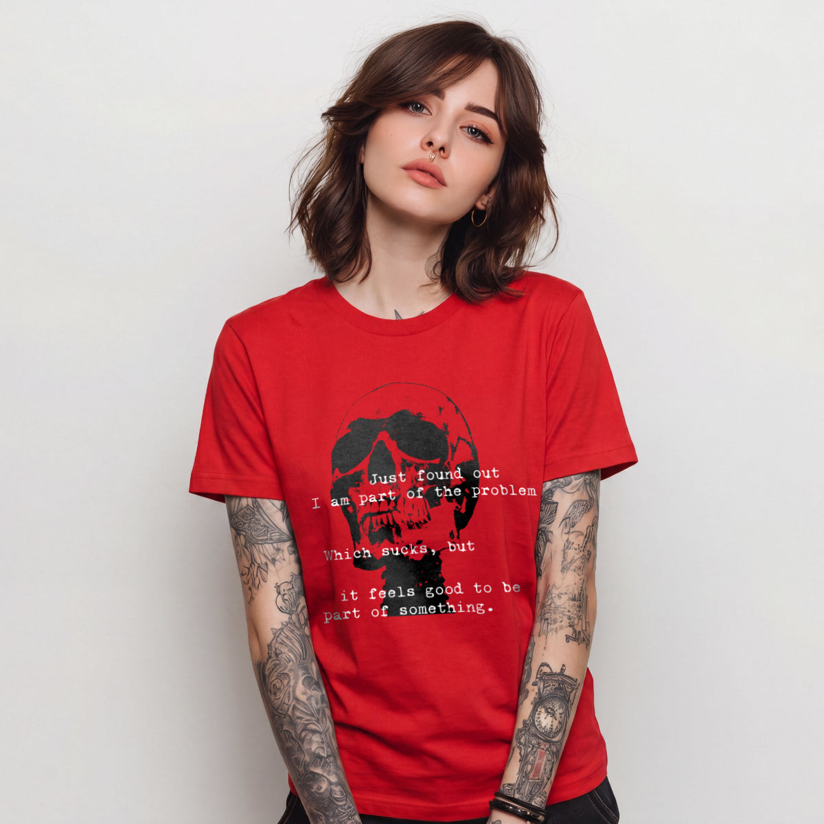 Red t-shirt with skull and sarcastic quote Punky Secrets