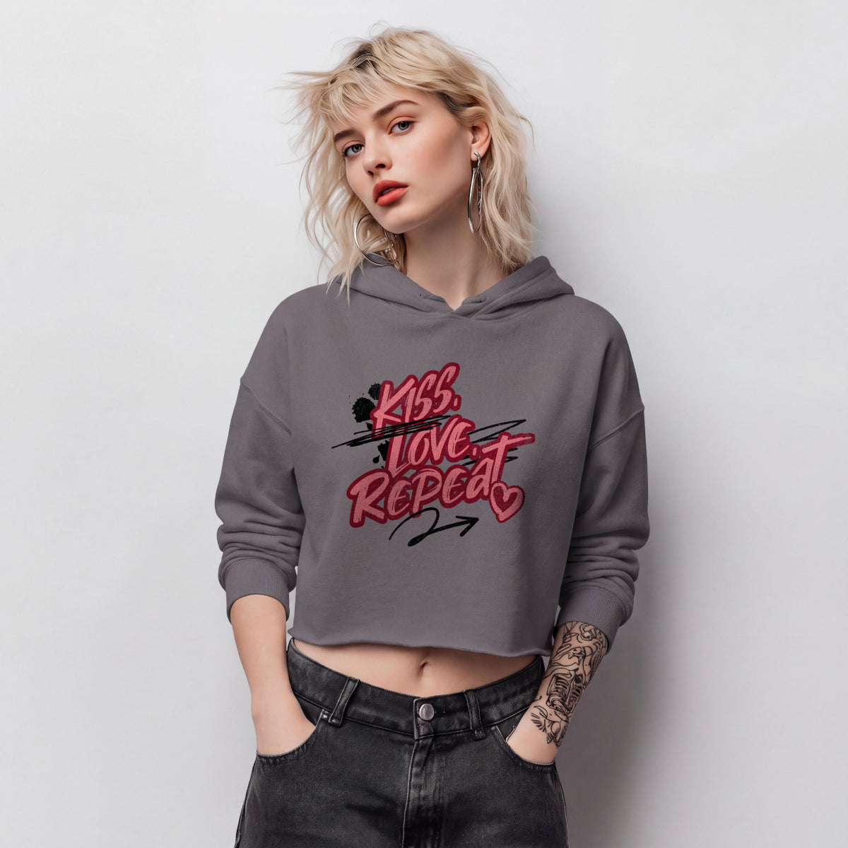 Grey crop hoodie Kiss Love Repeat Punky Secrets