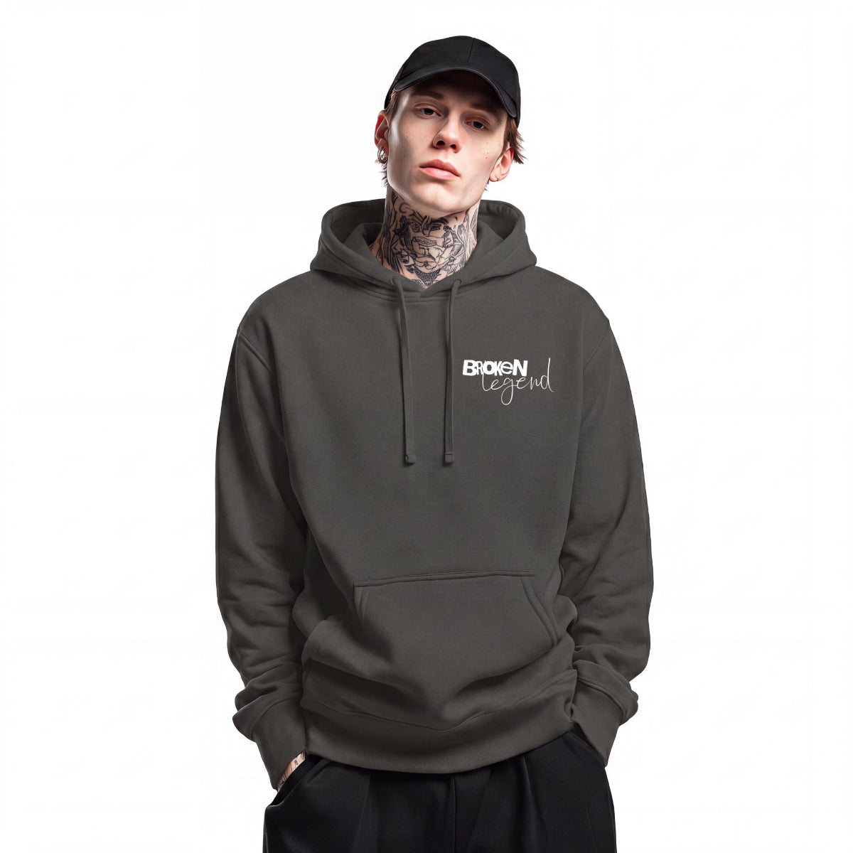 Man wearing dark grey hoodie Punky Secrets dark aesthetic