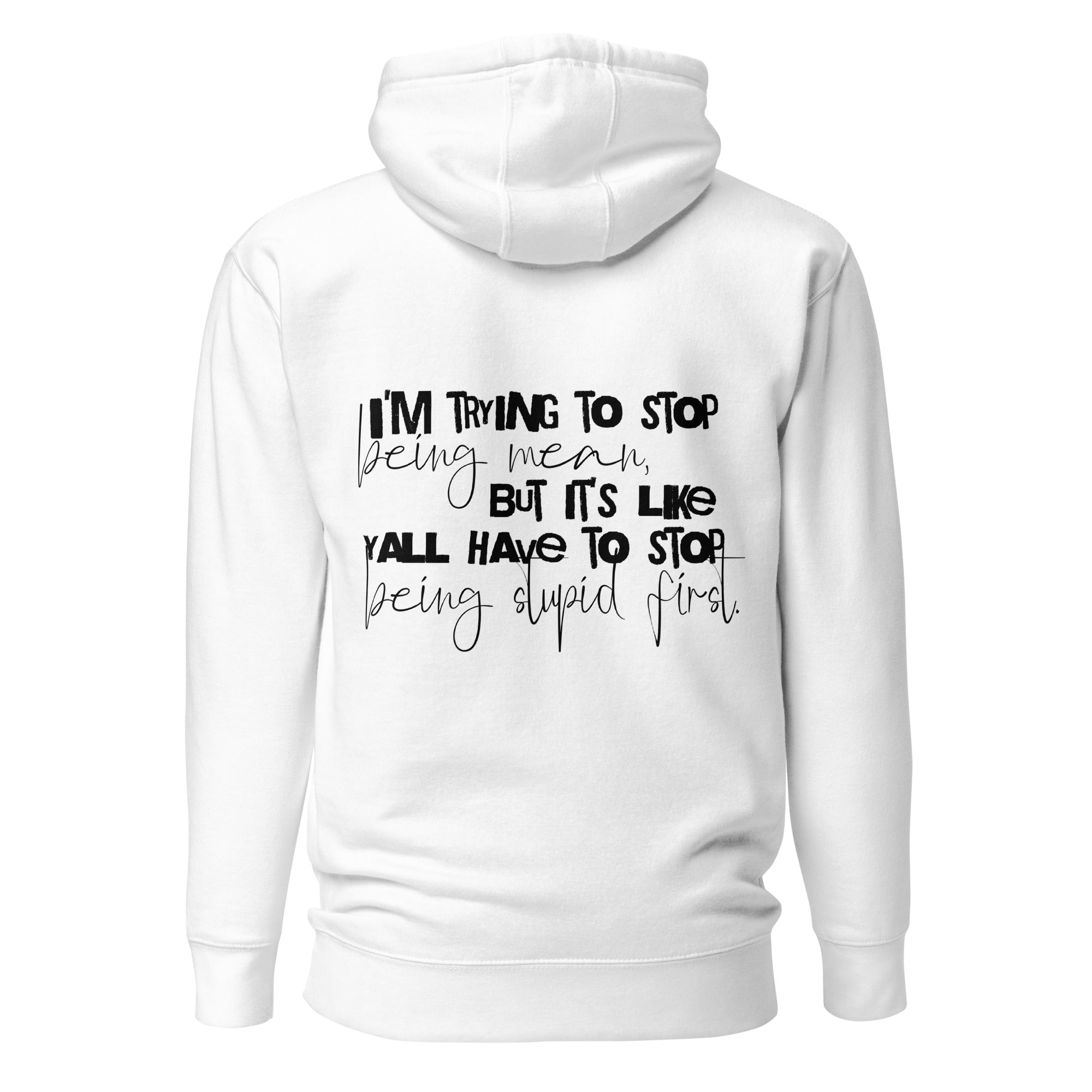 low tolerance era sarcastic hoodie white back view dark humor statement clothing