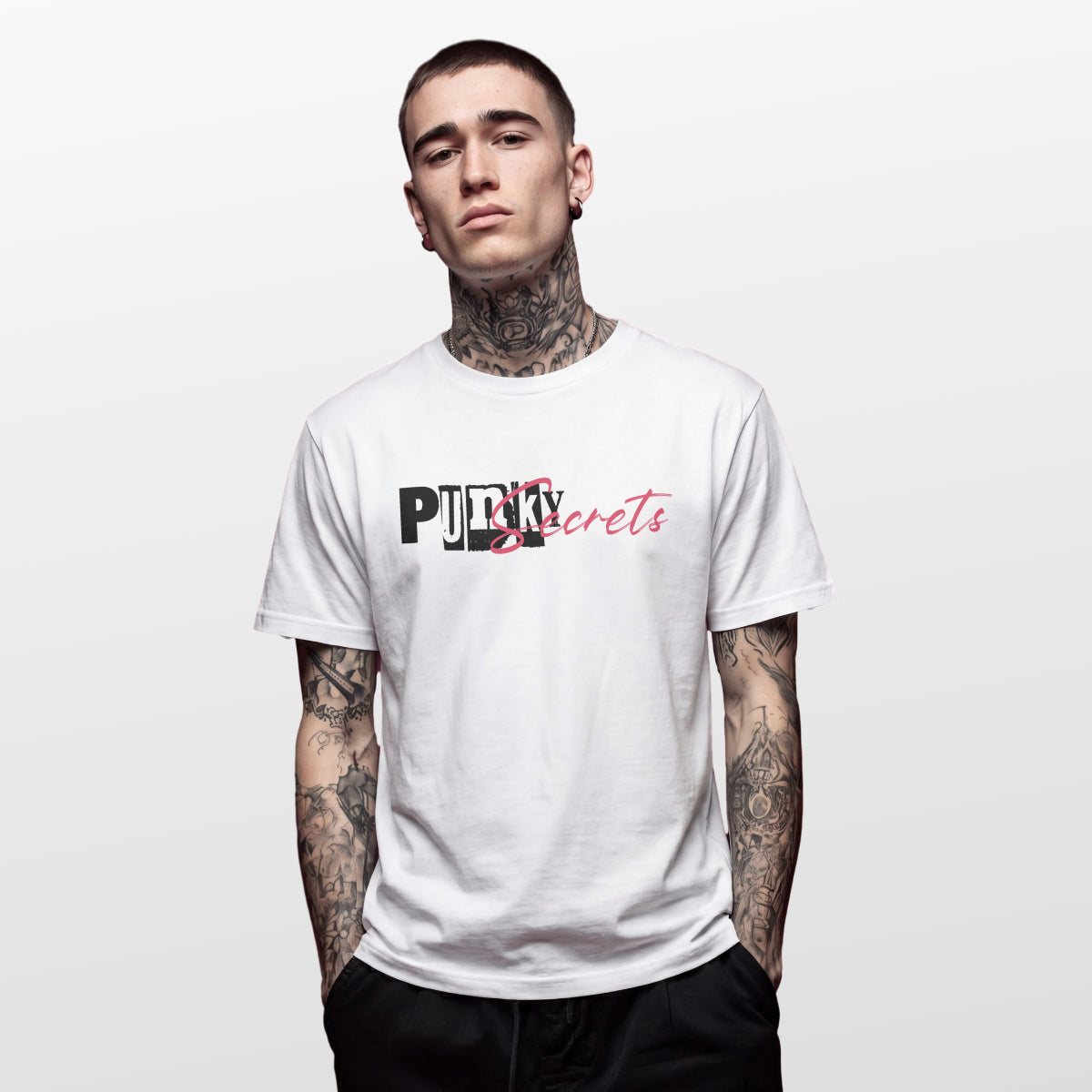 White t-shirt Punky Secrets logo branding soft chaos