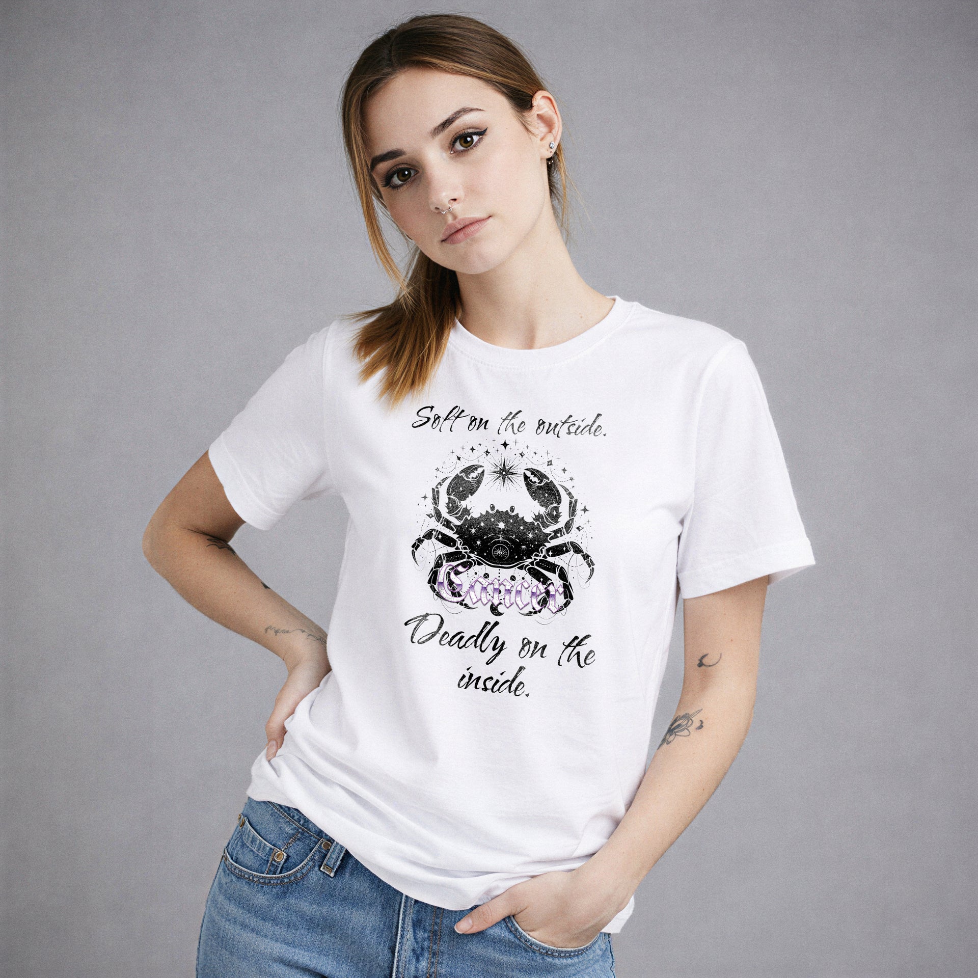 Cancer Zodiac white t-shirt Deadly To The Outside dark humor Punky Secrets