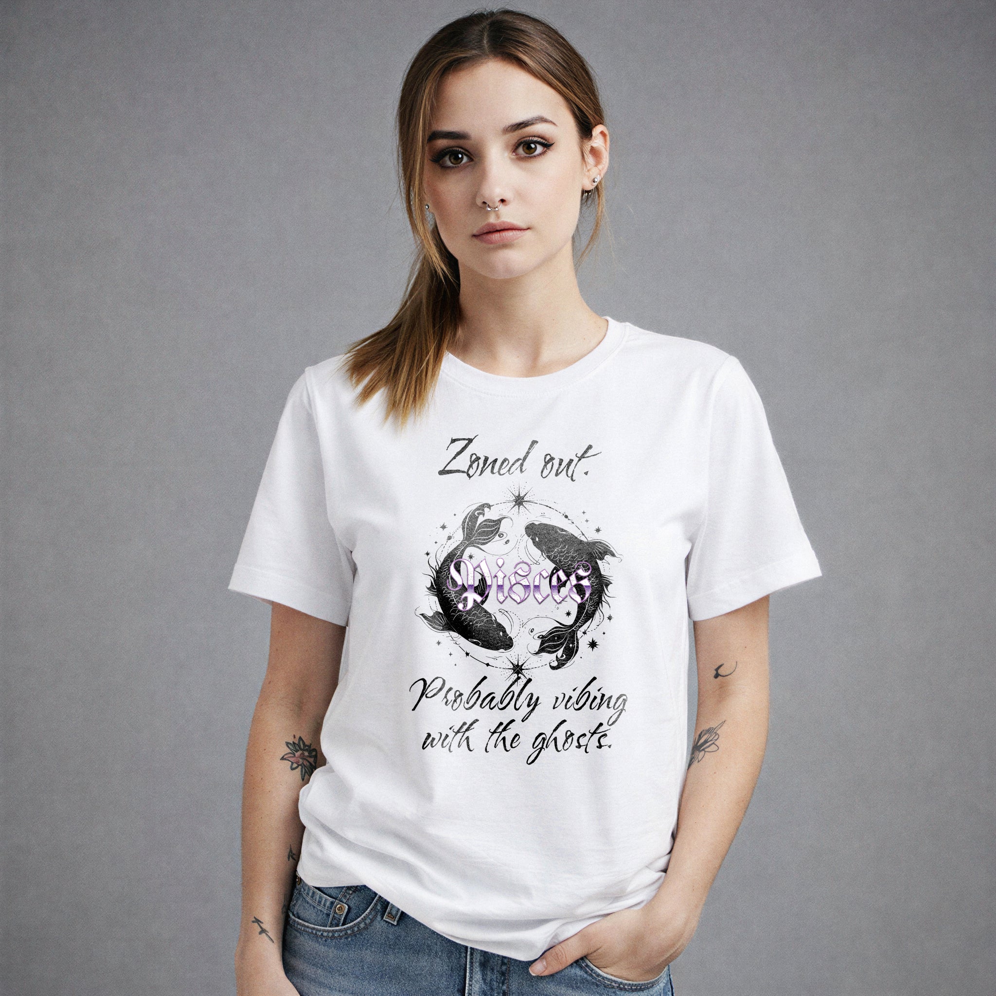 Pisces zodiac white t-shirt Zoned Out Vibing With Ghosts Punky Secrets
